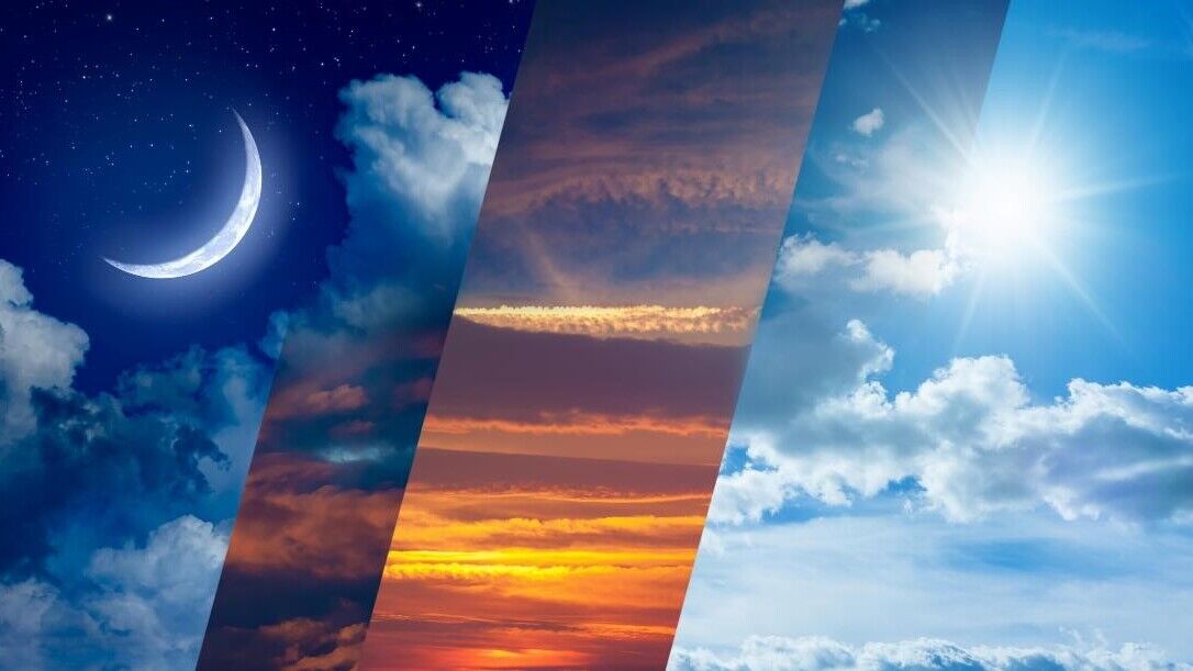 Vertical collage image of the sky with a moon, sun setting, and sunrising in the background